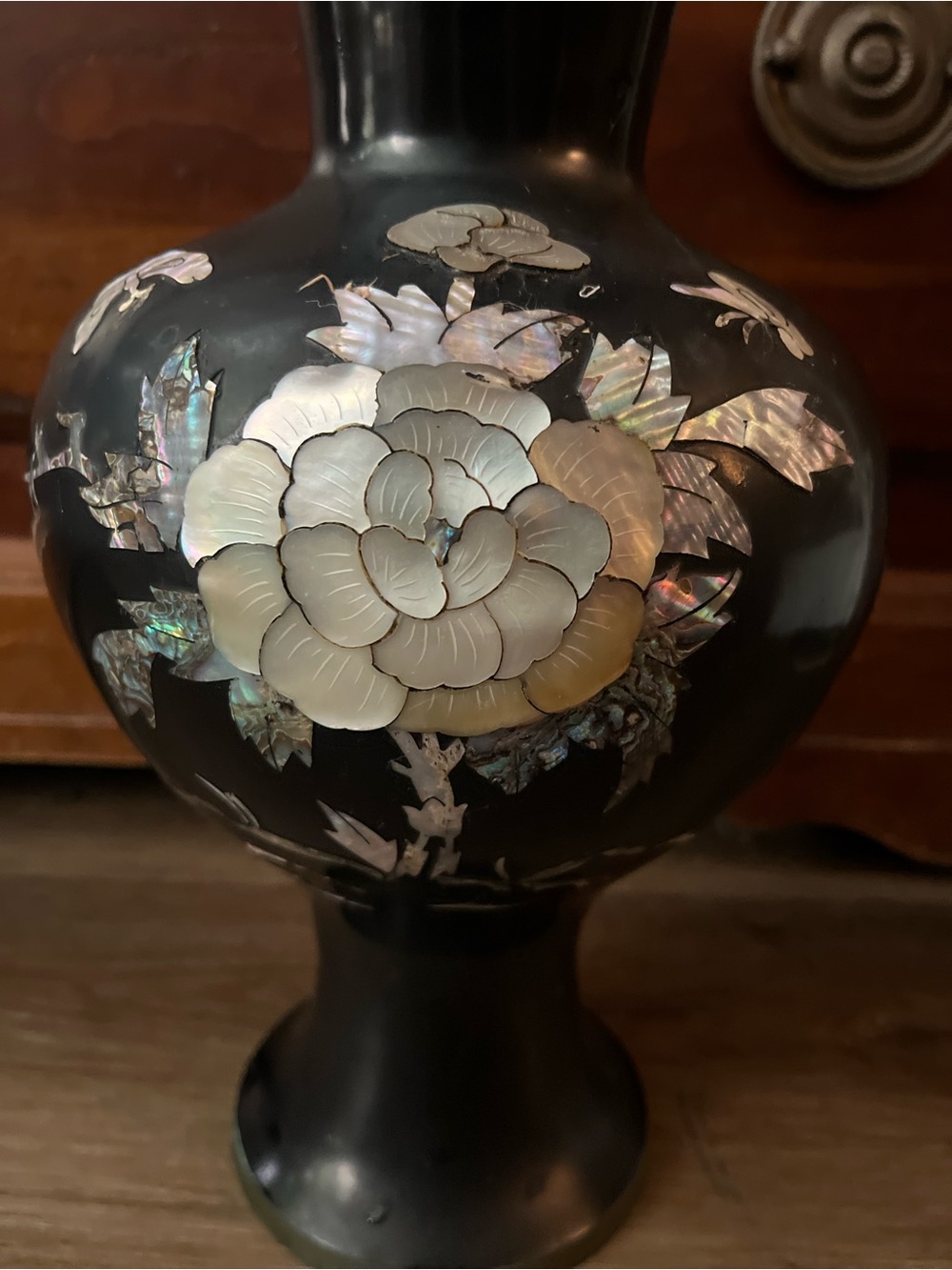 Iridescent Mother-of-Pearl Floral Black Accent Vase brass inside